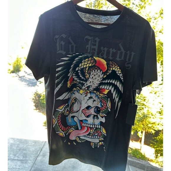 Ed Hardy NWT Mens T-shirt Gray Battle Skull Snake Eagle Tee Y2K size M, S - Picture 3 of 3